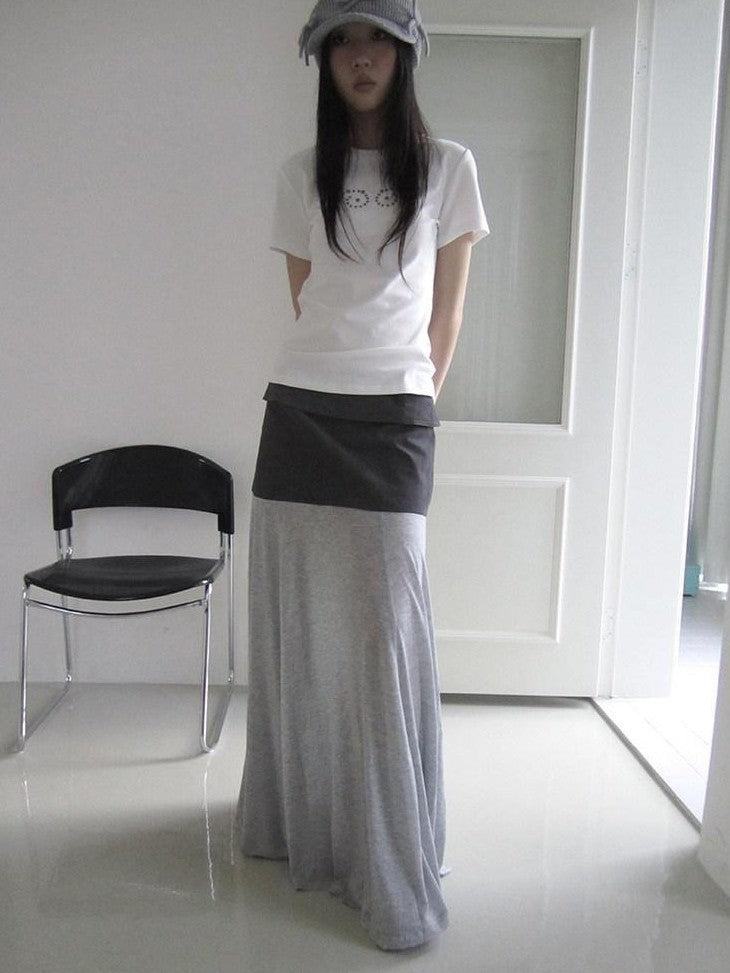 ang project Gray Double Fabric Colorblock Draped Low Waist A Line Women&
