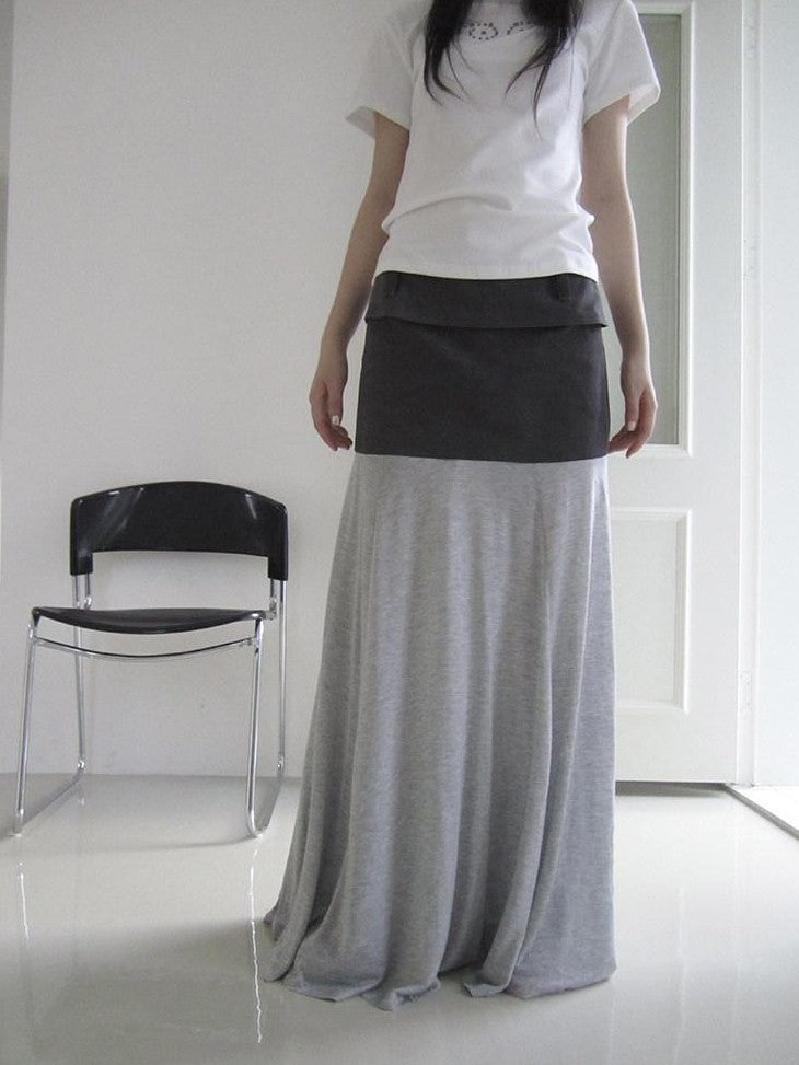 ang project Gray Double Fabric Colorblock Draped Low Waist A Line Women&