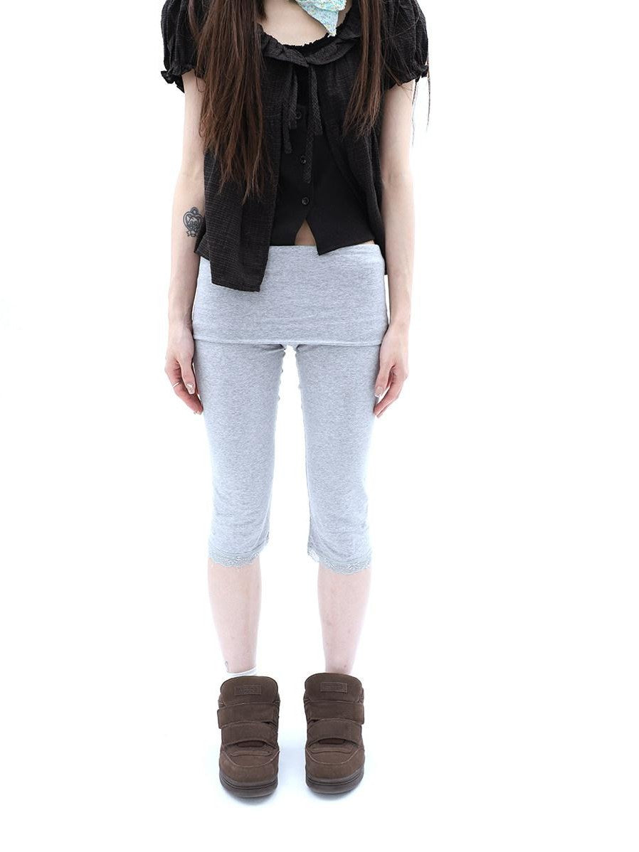 ang project Gray Lace Splice Cuffed Hem Tapered Slim Elastic Waist Women&