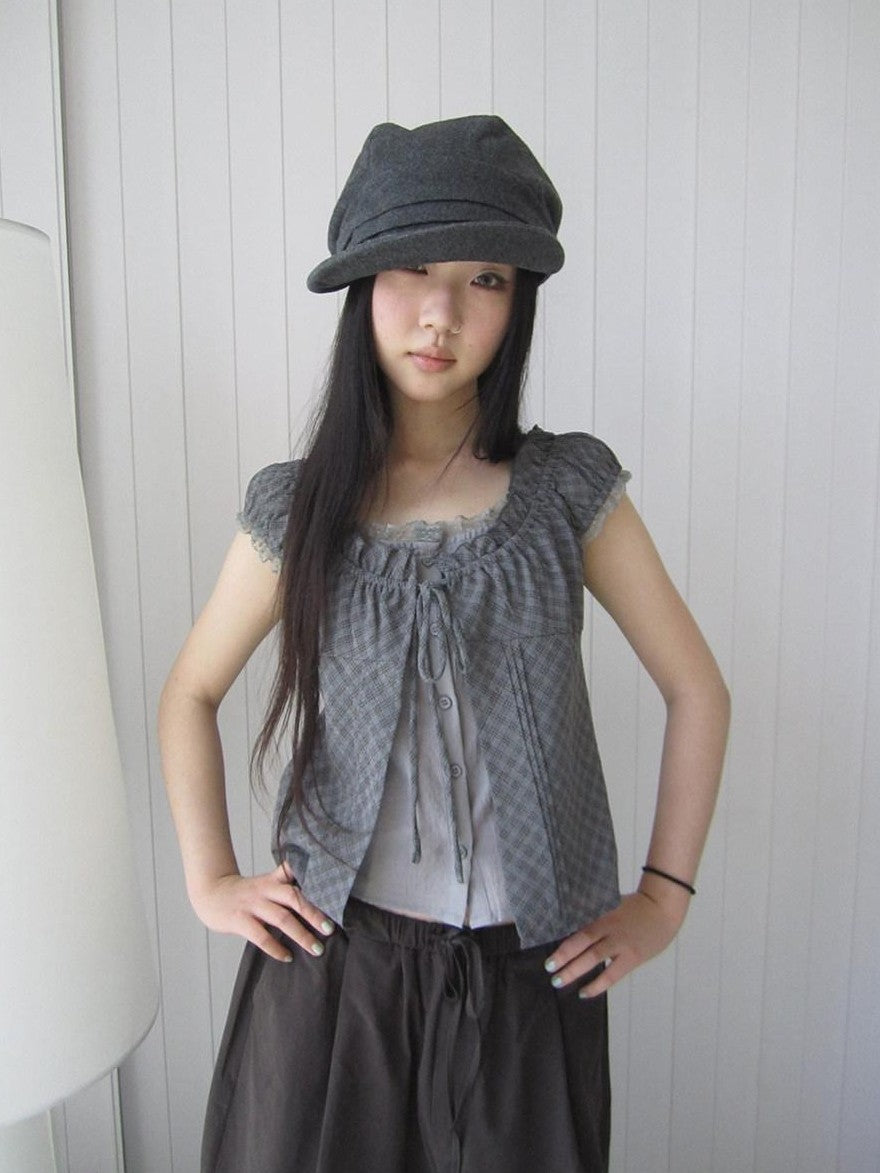 ang project Gray Plaid Lace Tie Puff Sleeve Slim Fit Vintage Women&