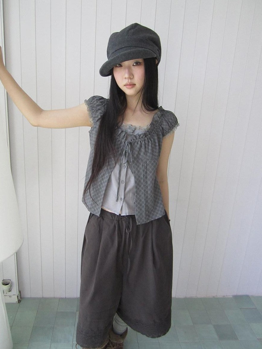 ang project Gray Plaid Lace Tie Puff Sleeve Slim Fit Vintage Women&