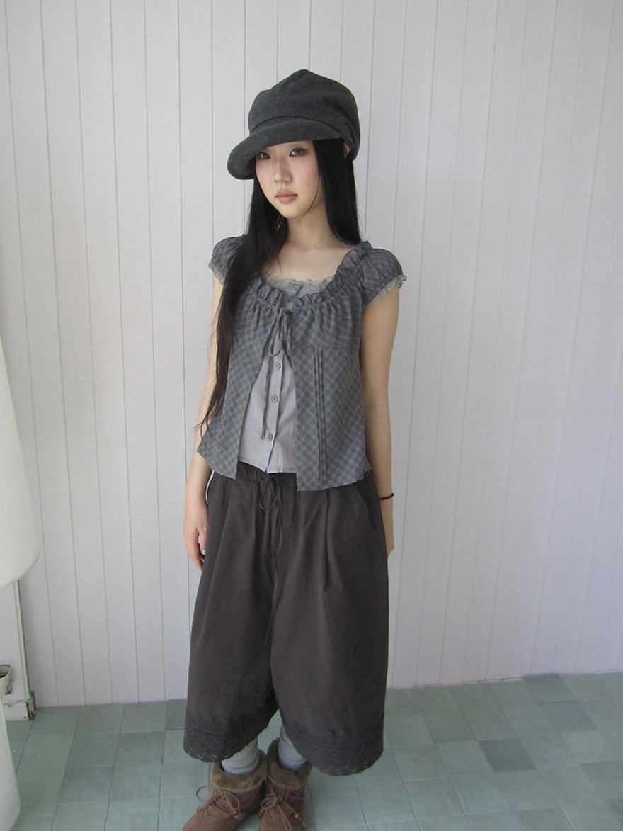 ang project Gray Plaid Lace Tie Puff Sleeve Slim Fit Vintage Women&