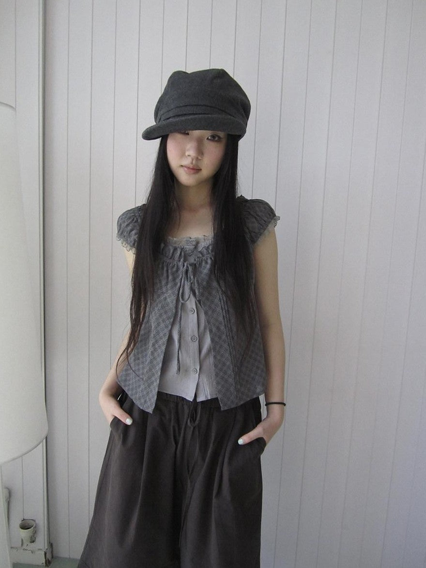 ang project Gray Plaid Lace Tie Puff Sleeve Slim Fit Vintage Women&