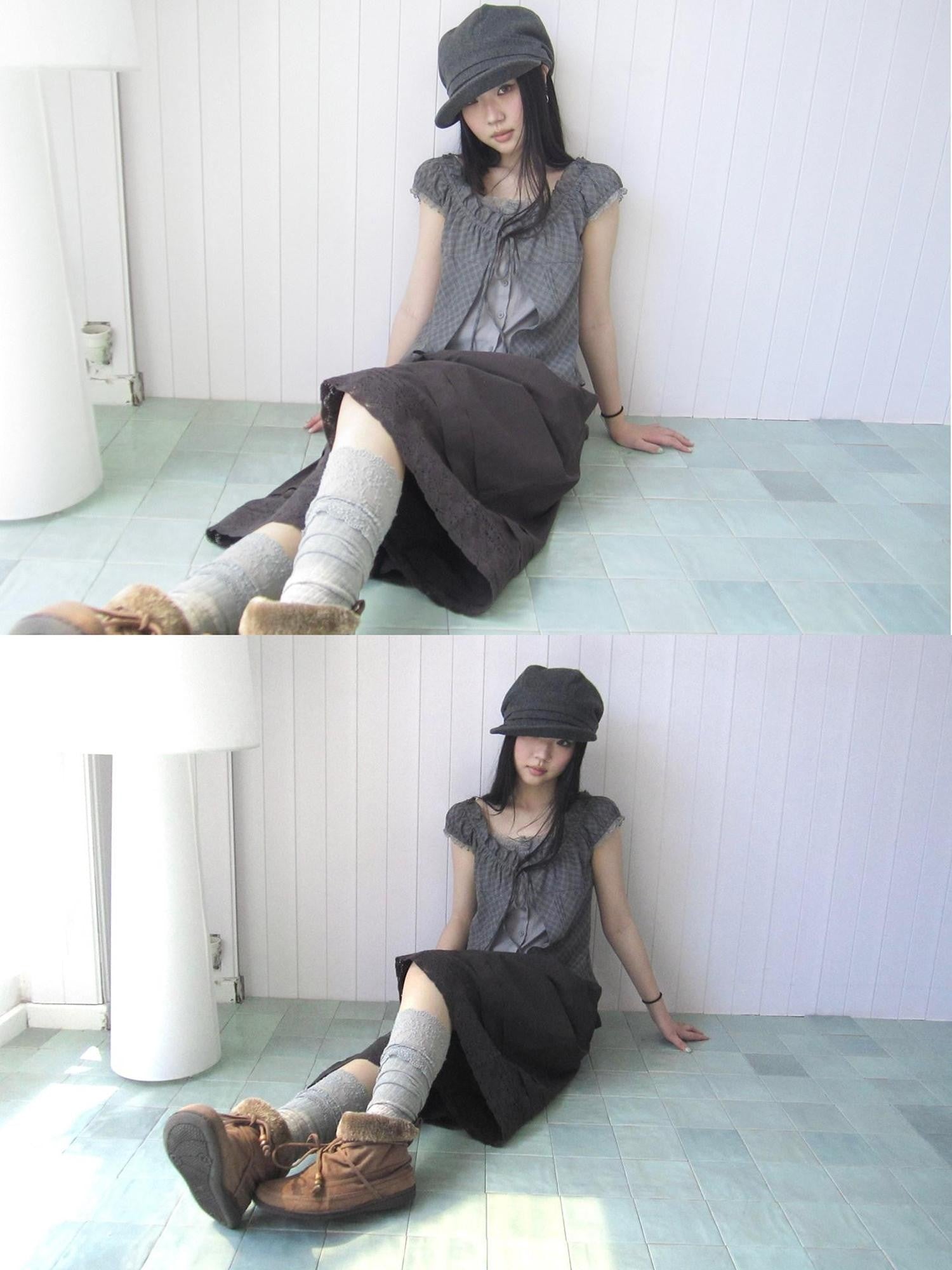 ang project Gray Plaid Lace Tie Puff Sleeve Slim Fit Vintage Women&