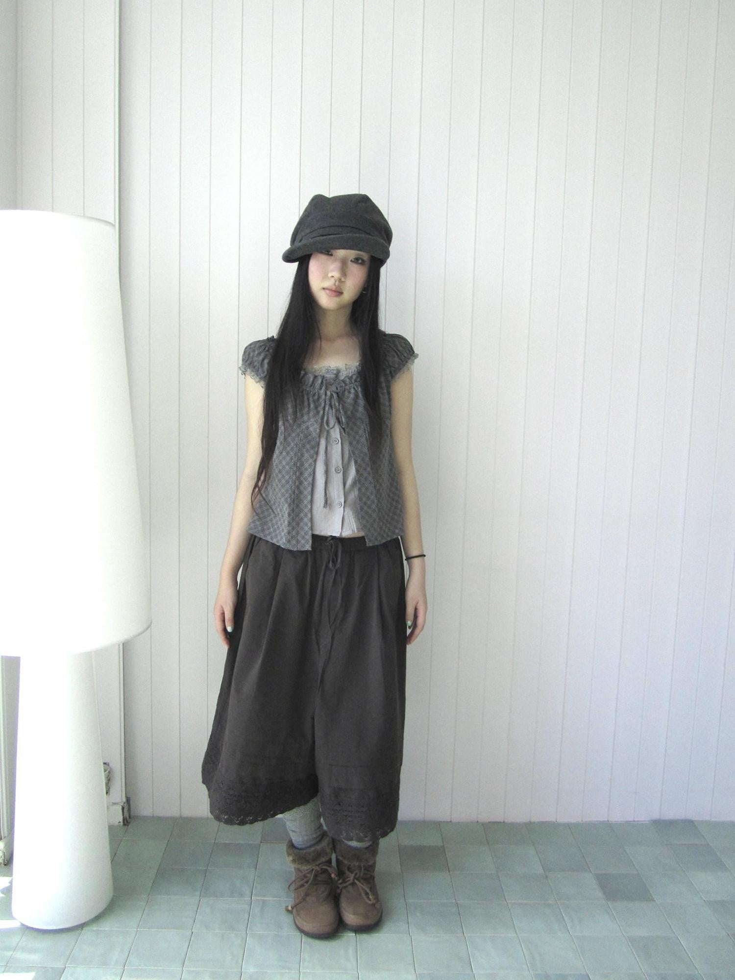 ang project Gray Plaid Lace Tie Puff Sleeve Slim Fit Vintage Women&