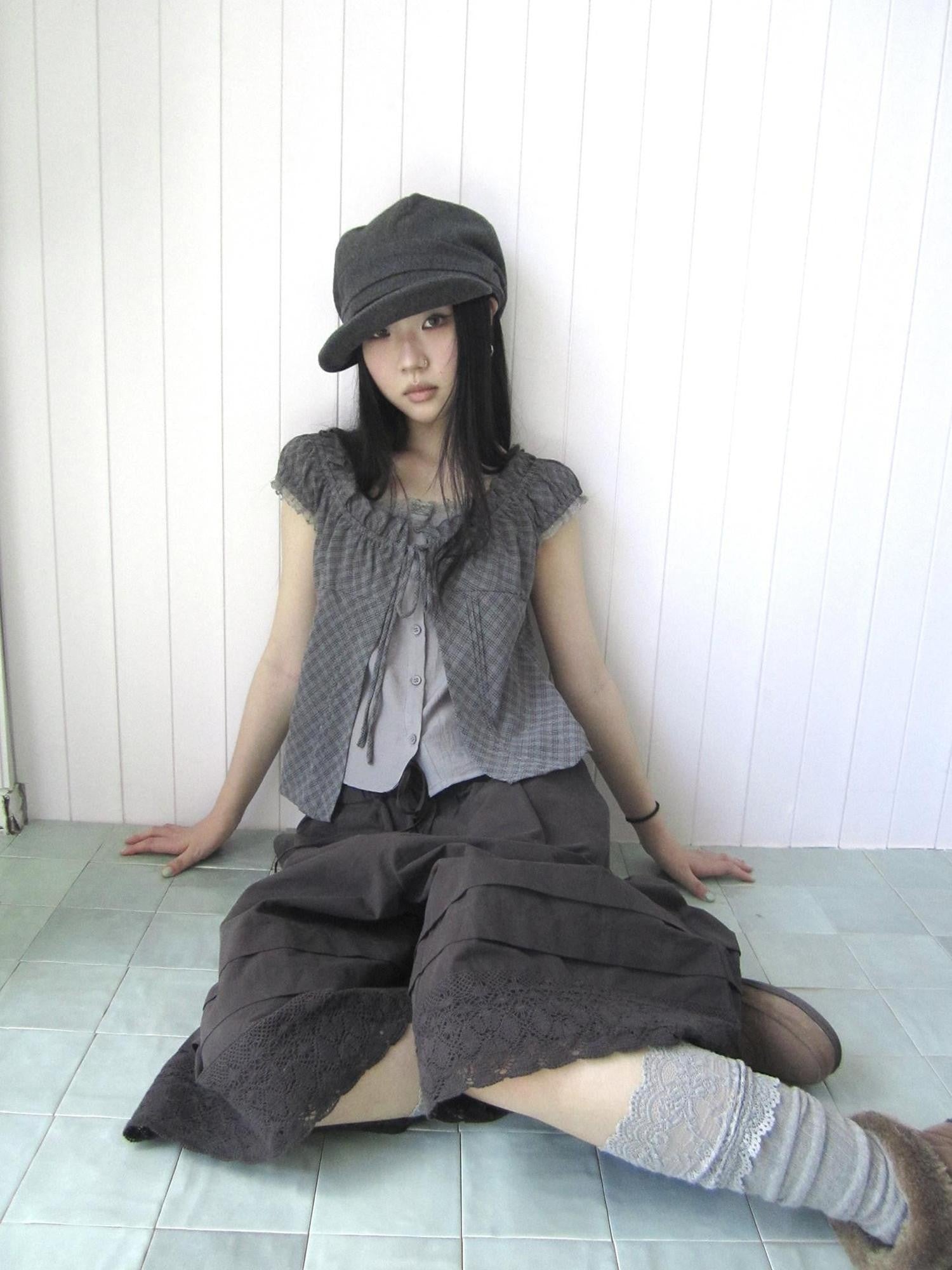 ang project Gray Plaid Lace Tie Puff Sleeve Slim Fit Vintage Women&