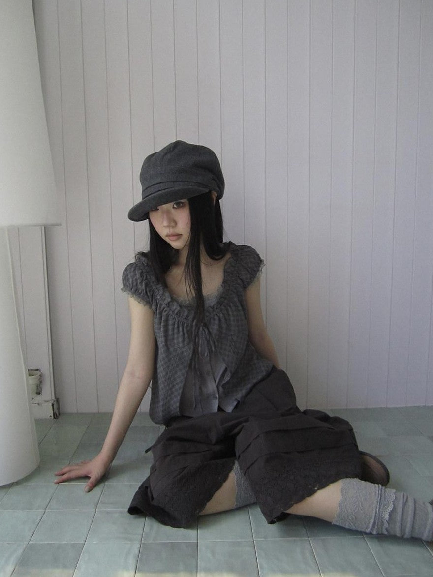 ang project Gray Plaid Lace Tie Puff Sleeve Slim Fit Vintage Women&