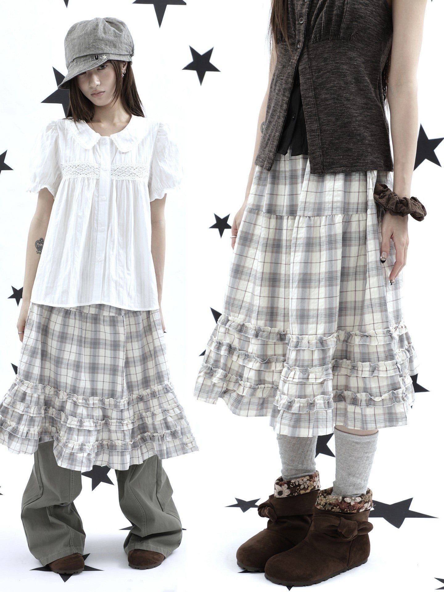 ang_project_Gray_Plaid_Ruffle_Trim_Patchwork_Print_Elastic_Waist_A_Line_Women&