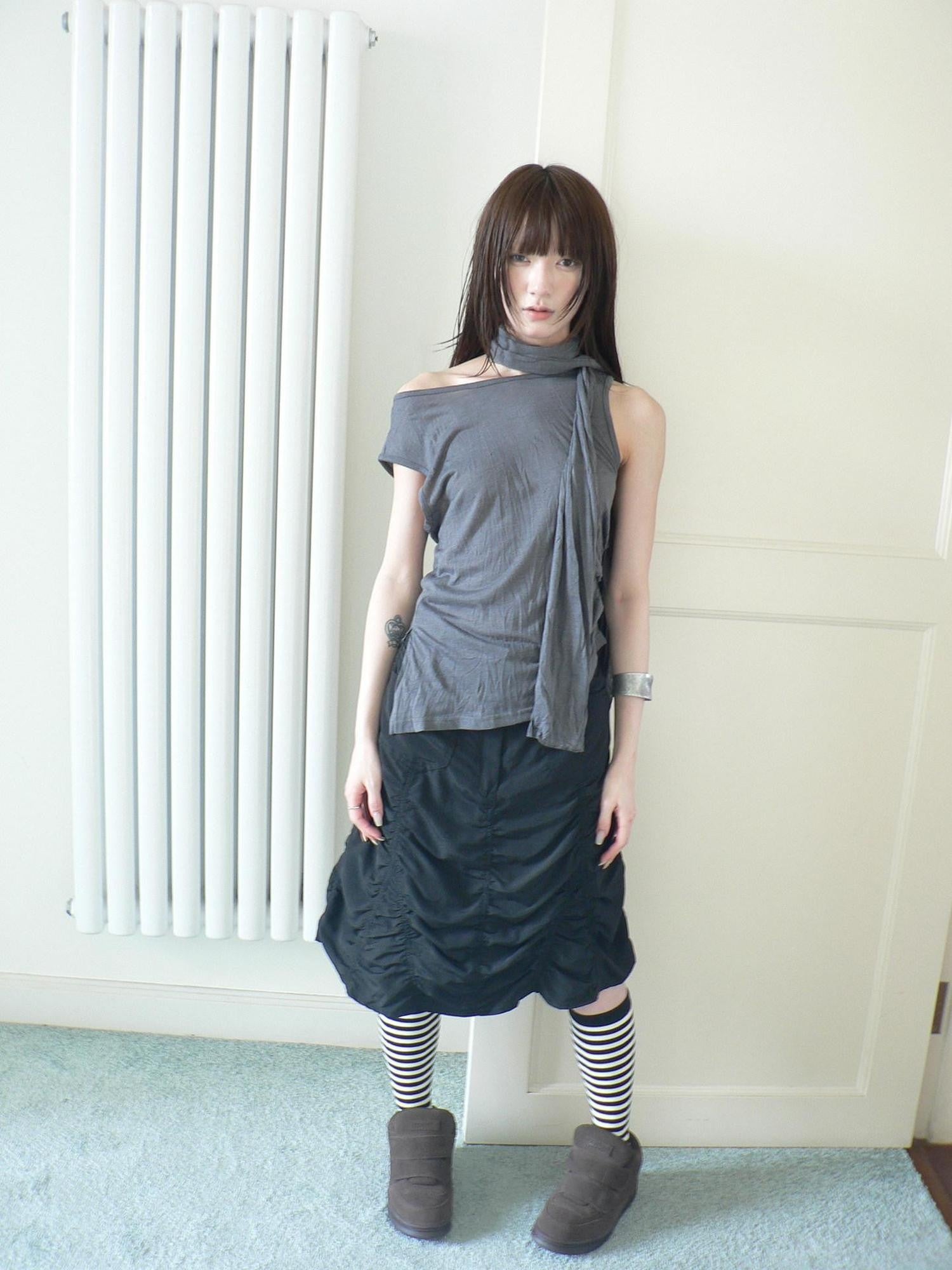 ang project Gray Pleated Asymmetric Cinched Waist Tie Sash Women&