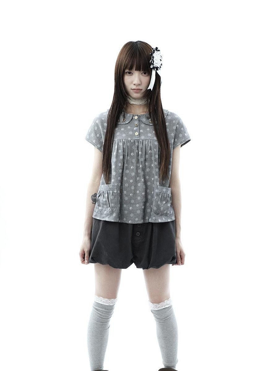 ang project Gray Polka Dot Doll Collar Wooden Button Pleated Pocket Women&