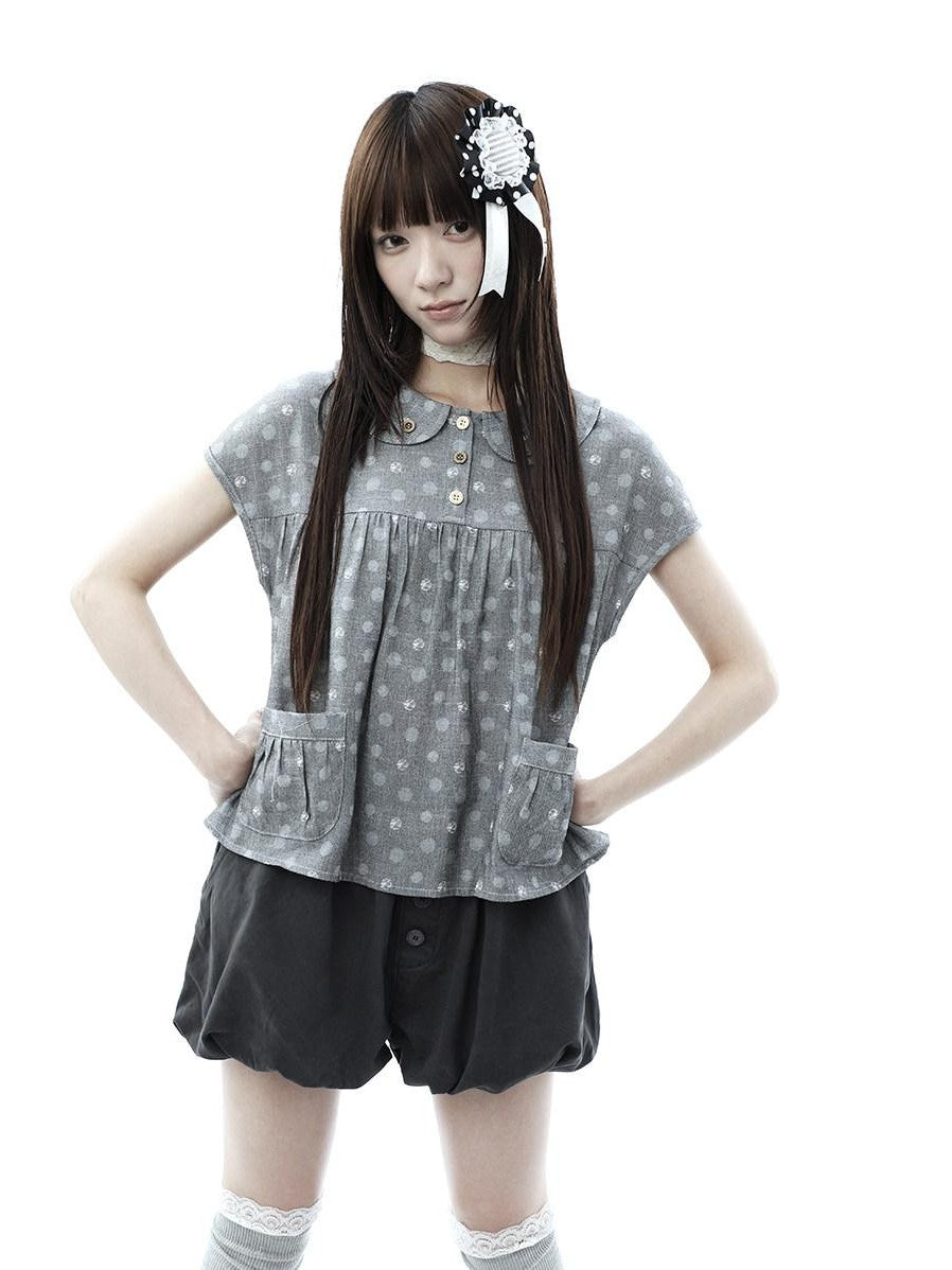 ang project Gray Polka Dot Doll Collar Wooden Button Pleated Pocket Women&