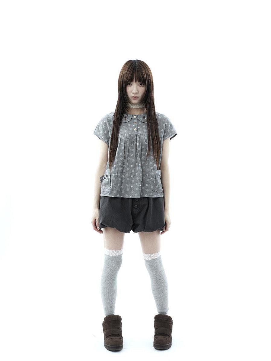 ang project Gray Polka Dot Doll Collar Wooden Button Pleated Pocket Women&