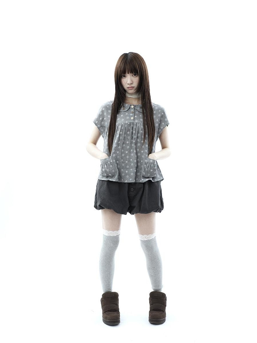 ang project Gray Polka Dot Doll Collar Wooden Button Pleated Pocket Women&