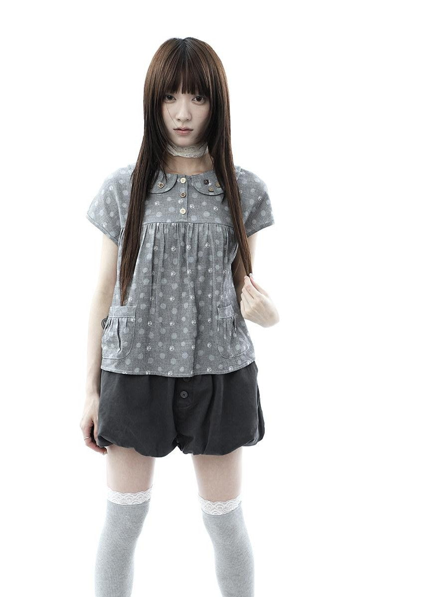 ang project Gray Polka Dot Doll Collar Wooden Button Pleated Pocket Women&