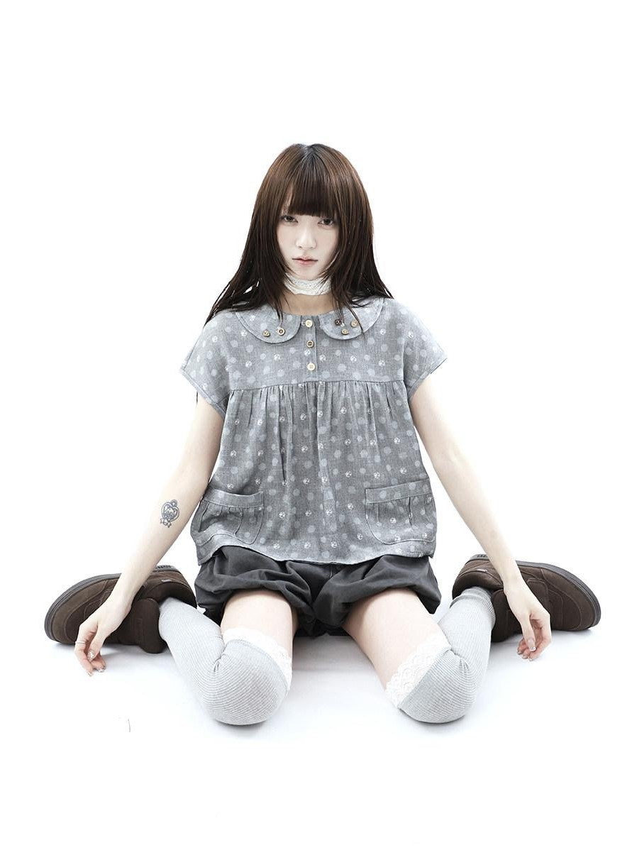 ang project Gray Polka Dot Doll Collar Wooden Button Pleated Pocket Women&