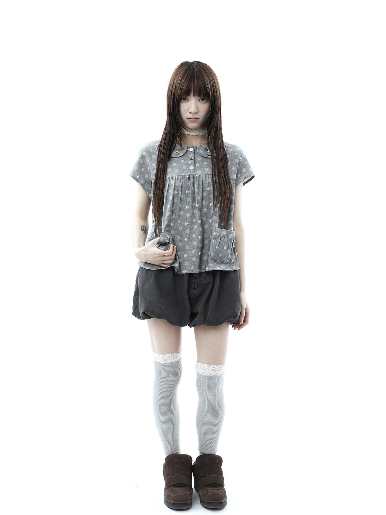 ang project Gray Polka Dot Doll Collar Wooden Button Pleated Pocket Women&