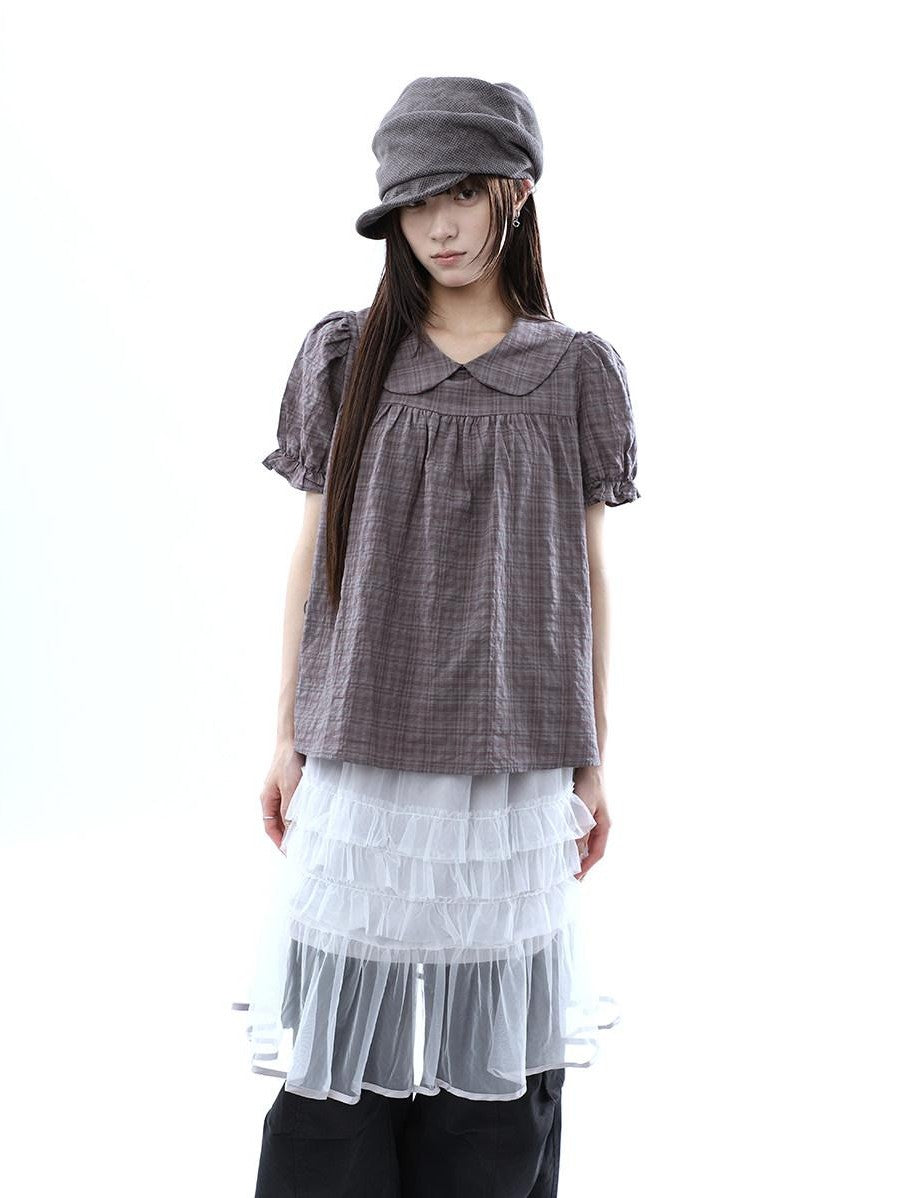 ang project Gray Purple Gingham Doll Collar Puff Sleeve Contrast Women&