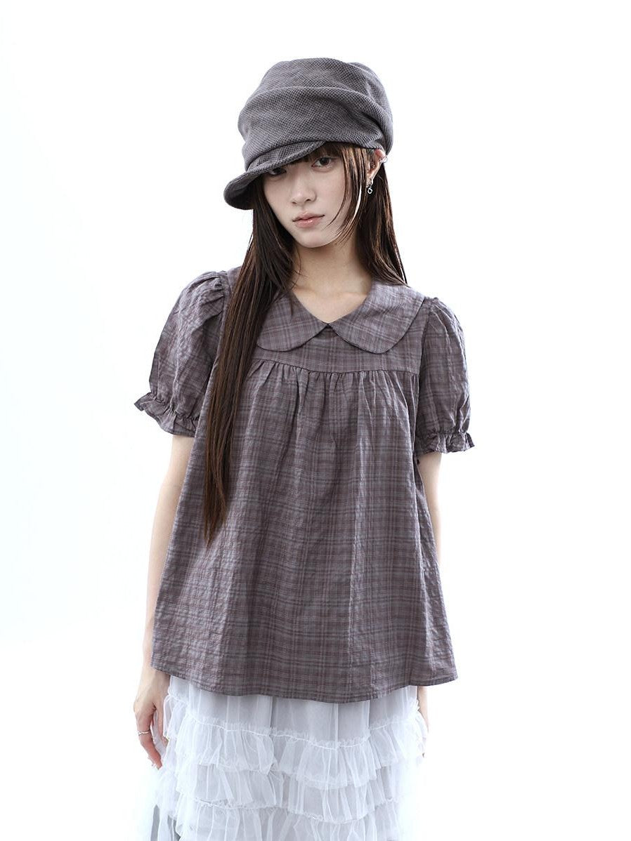 ang project Gray Purple Gingham Doll Collar Puff Sleeve Contrast Women&