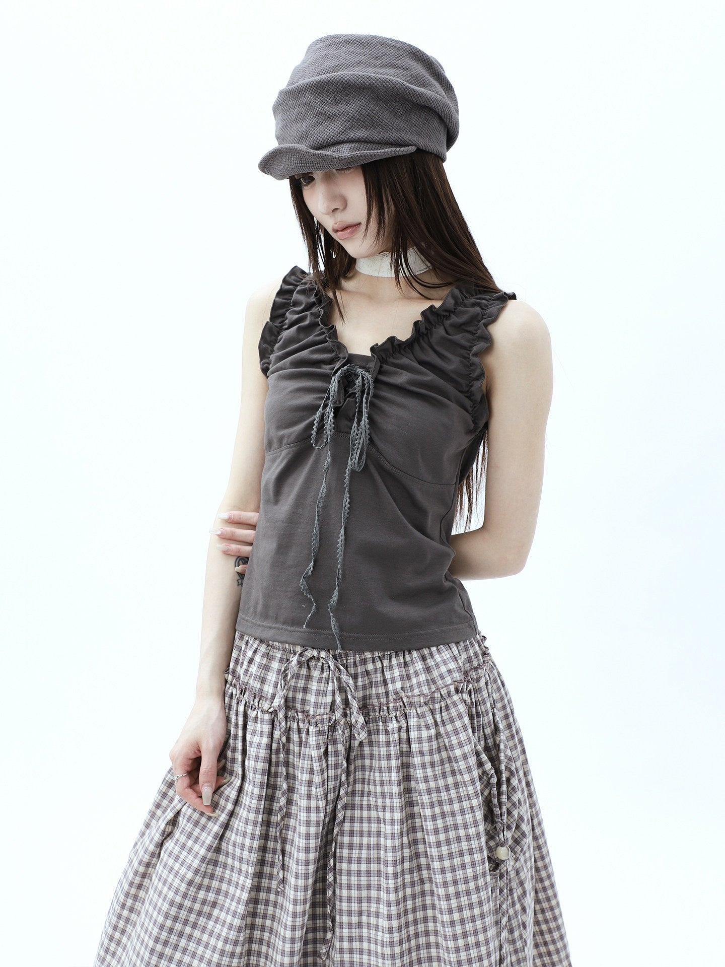 ang_project_Gray_Ruched_Ruffle_Tie_V-neck_Cropped_Slim_Women&