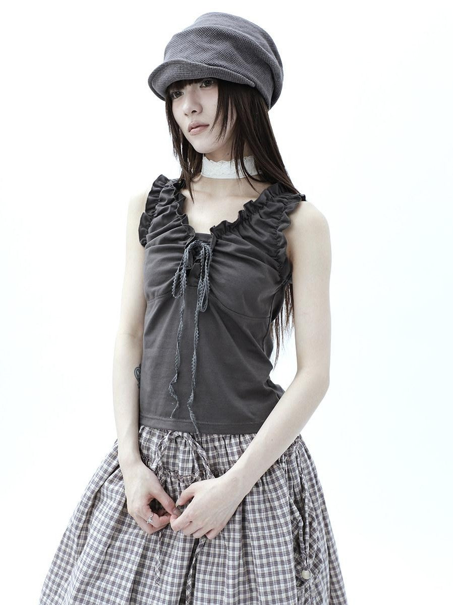 ang project Gray Ruched Ruffle Tie V-neck Cropped Slim Women&