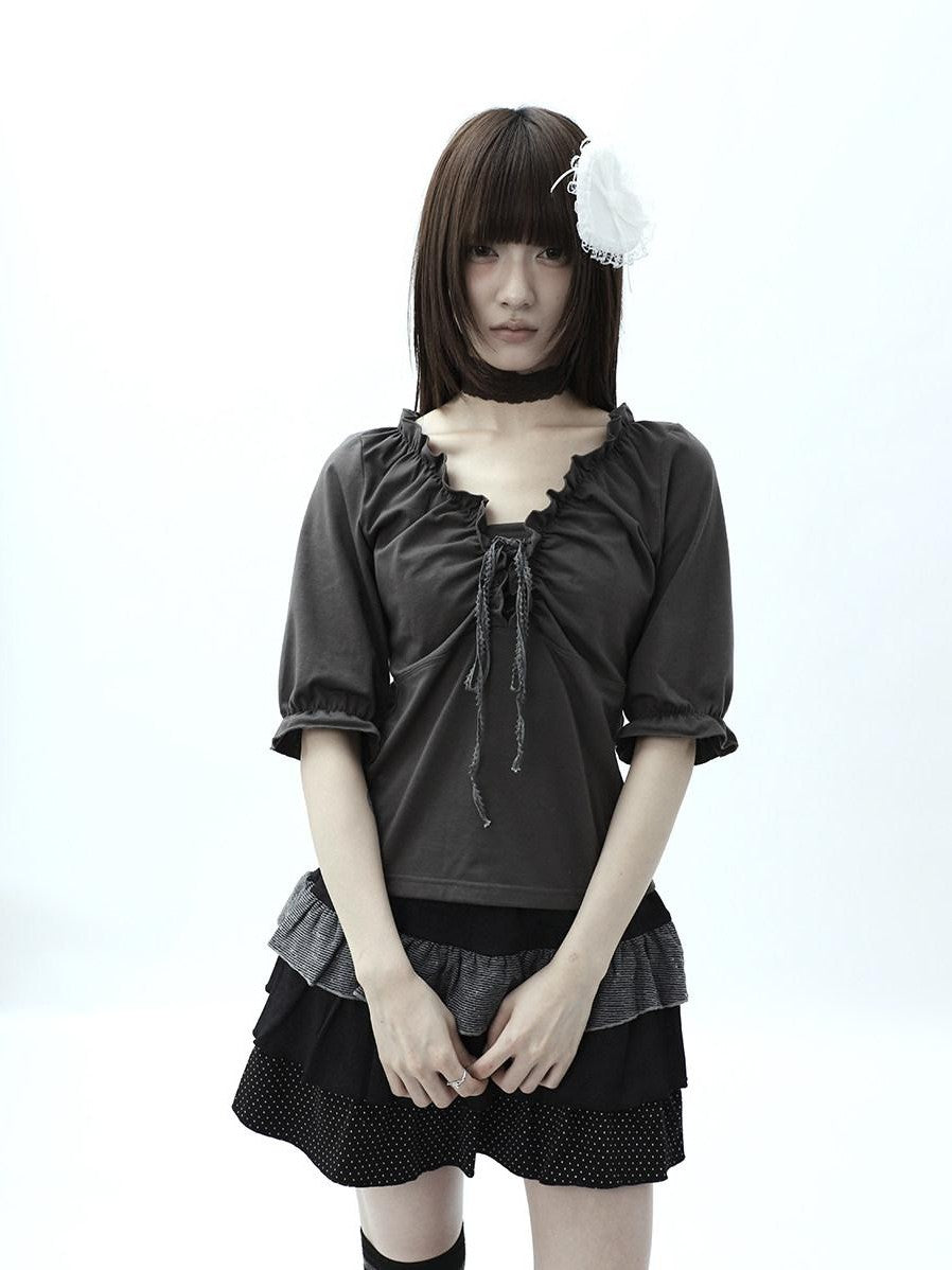 ang project Gray Ruched Ruffle Tie V-neck Cropped Slim Women&