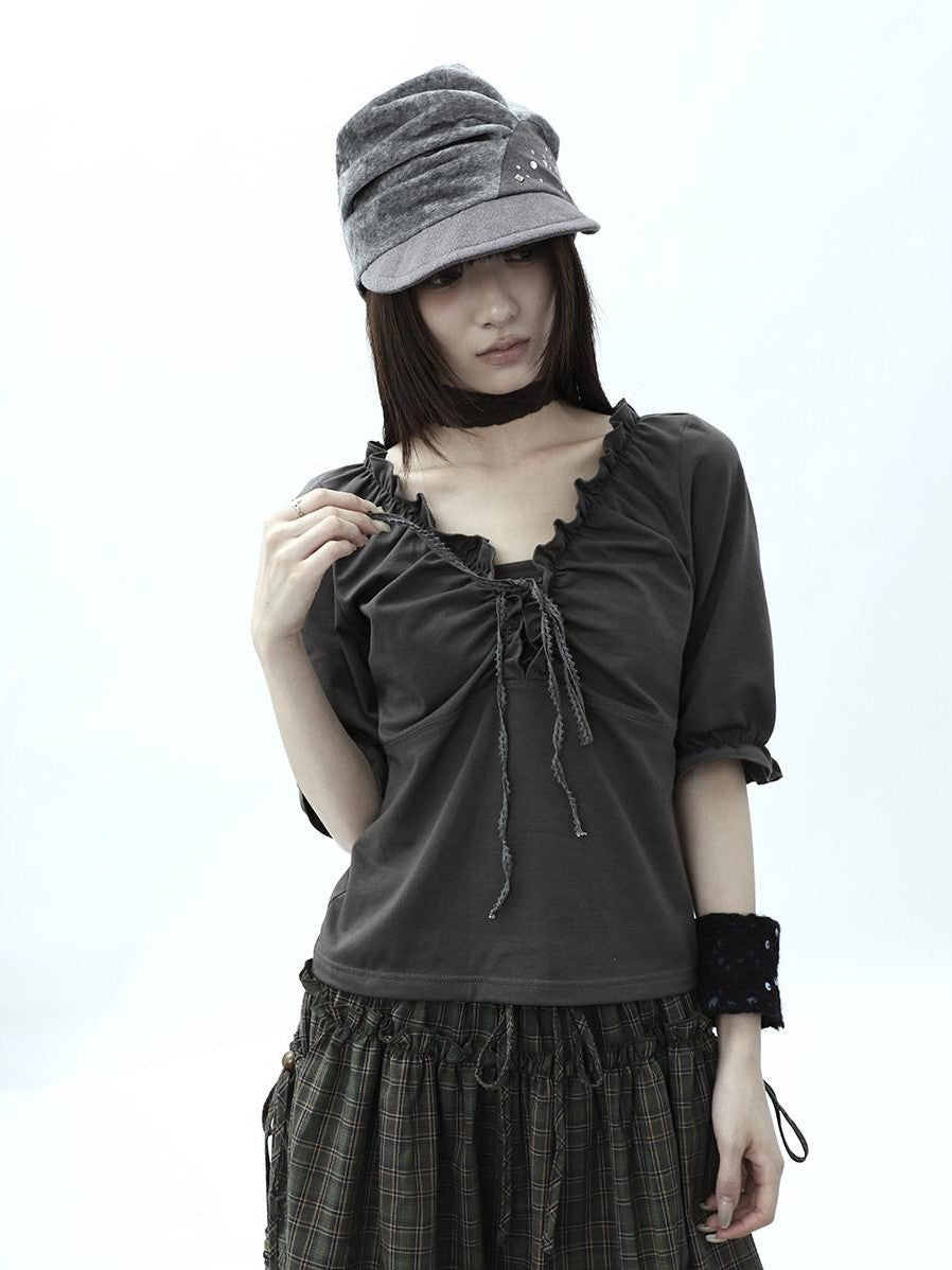 ang project Gray Ruched Ruffle Tie V-neck Cropped Slim Women&