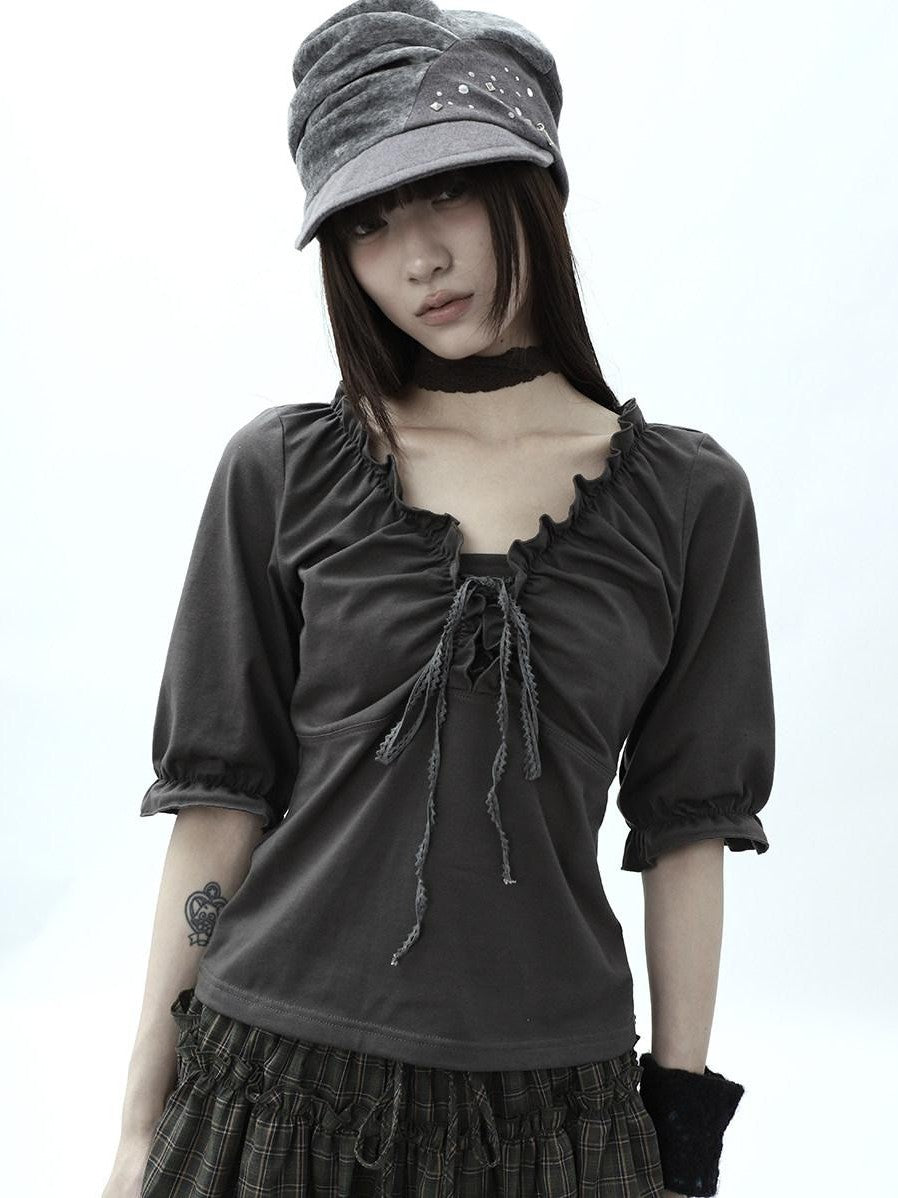 ang project Gray Ruched Ruffle Tie V-neck Cropped Slim Women&