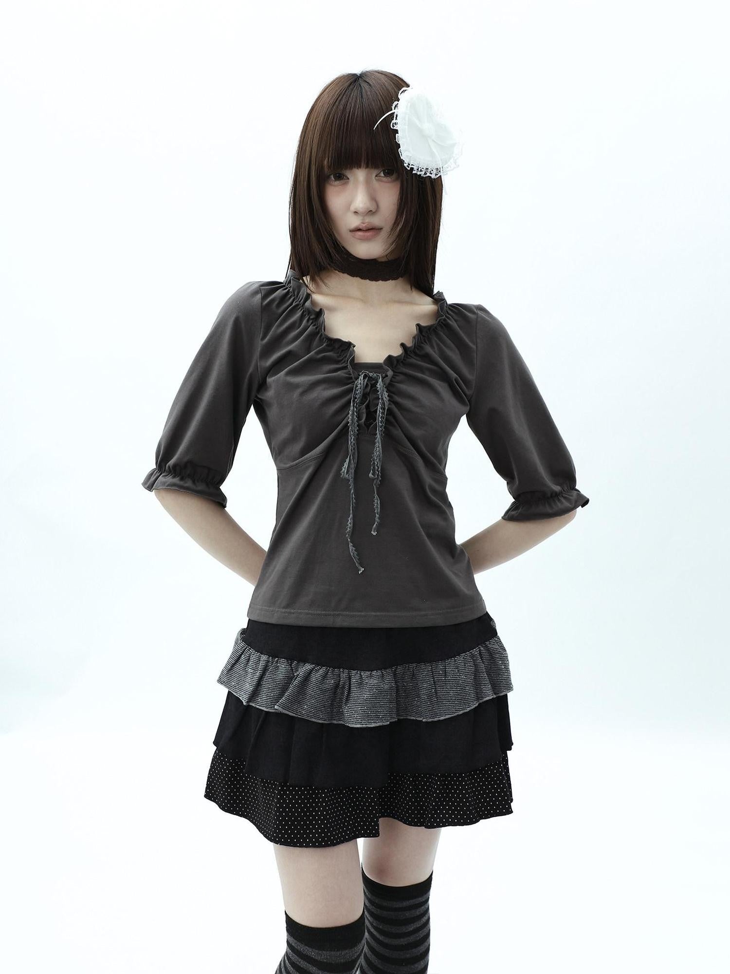 ang project Gray Ruched Ruffle Tie V-neck Cropped Slim Women&