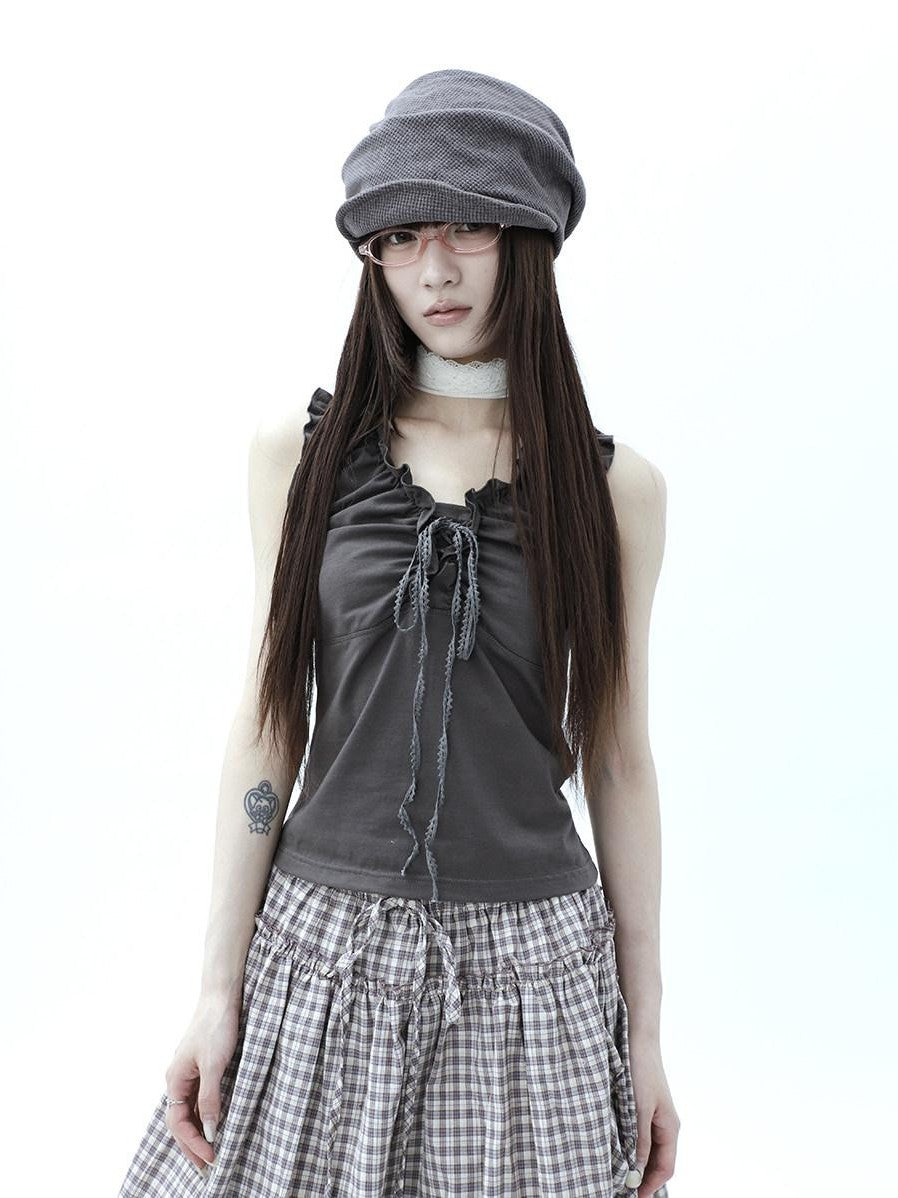 ang project Gray Ruched Ruffle Tie V-neck Cropped Slim Women&
