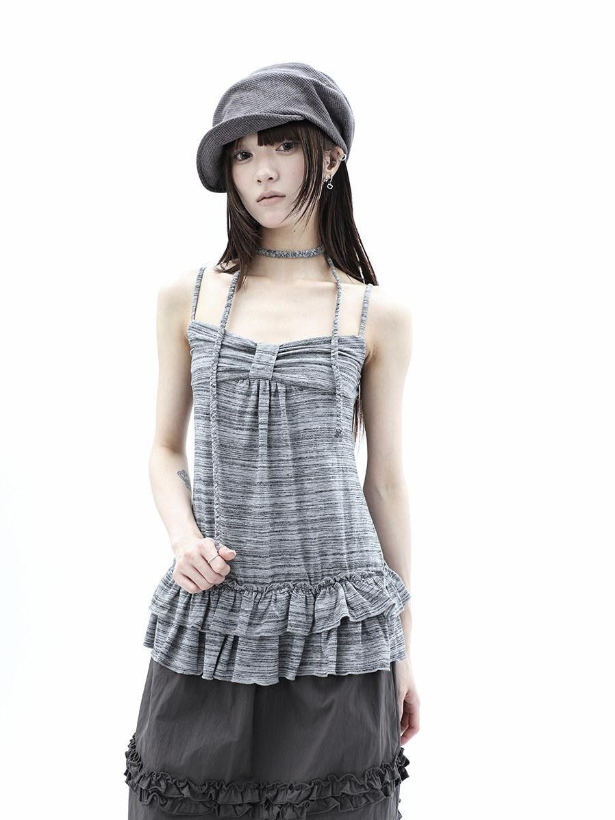 ang project Gray Striped Asymmetric Double Layer Tie Detail Women&