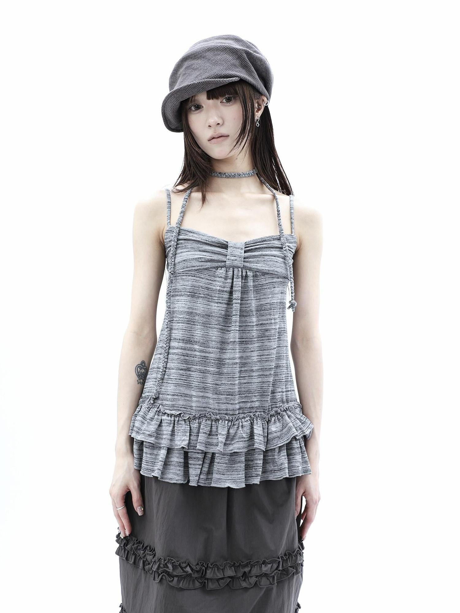 ang project Gray Striped Asymmetric Double Layer Tie Detail Women&
