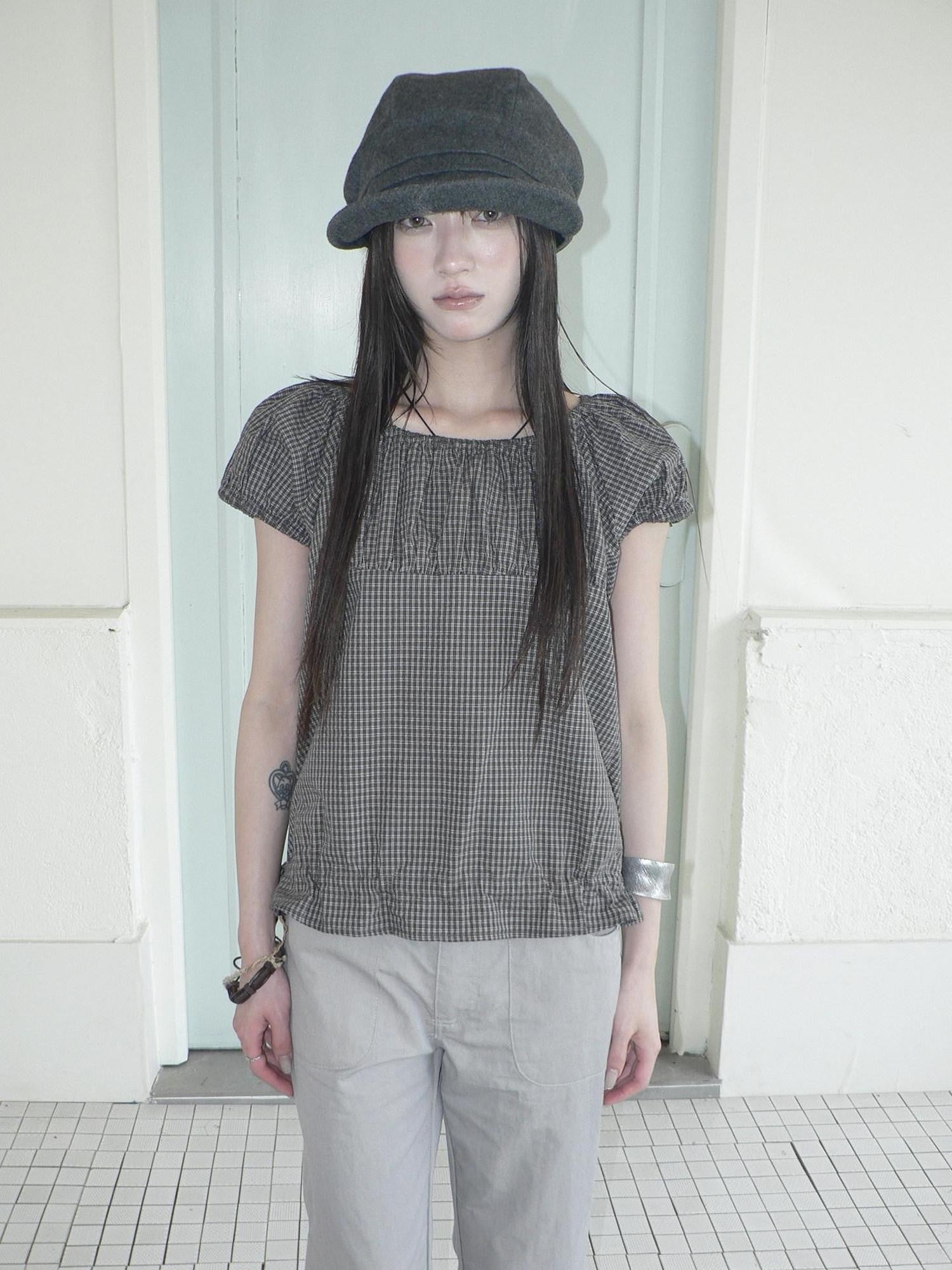 ang project Gray Vintage Plaid Puff Sleeve Cropped Round Neck Waist Cinch Women&