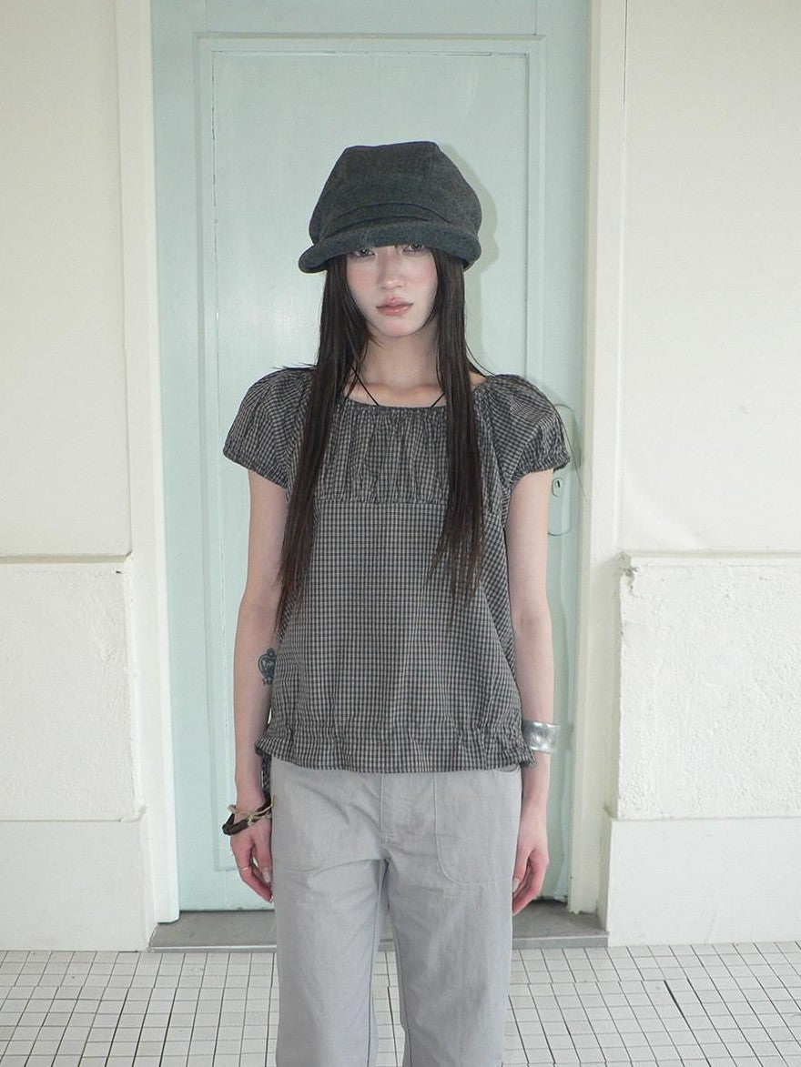 ang project Gray Vintage Plaid Puff Sleeve Cropped Round Neck Waist Cinch Women&
