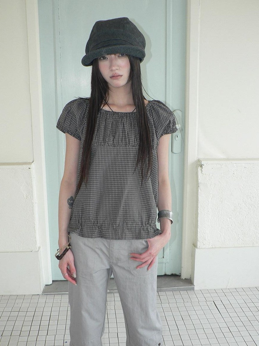 ang project Gray Vintage Plaid Puff Sleeve Cropped Round Neck Waist Cinch Women&