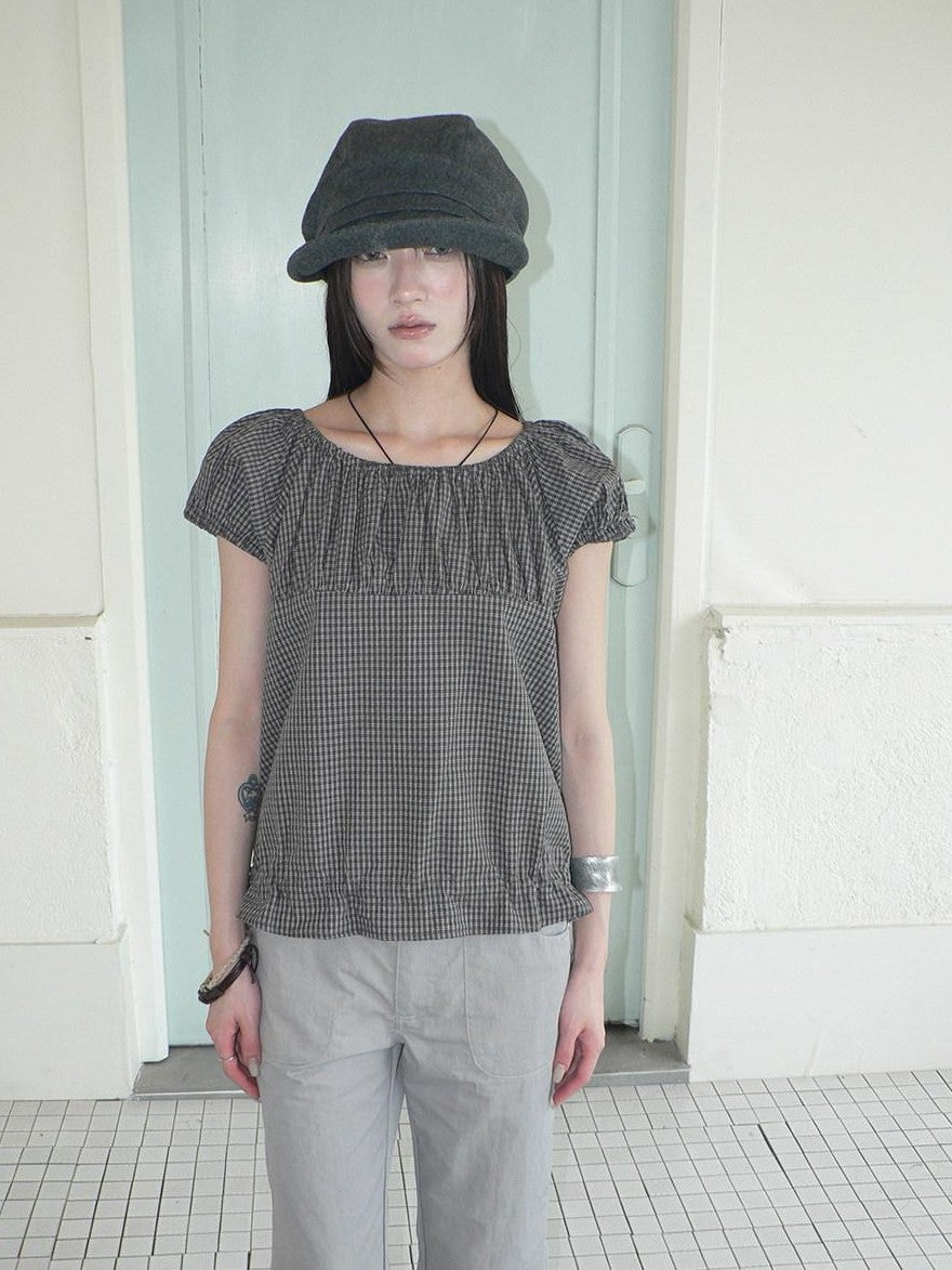 ang project Gray Vintage Plaid Puff Sleeve Cropped Round Neck Waist Cinch Women&