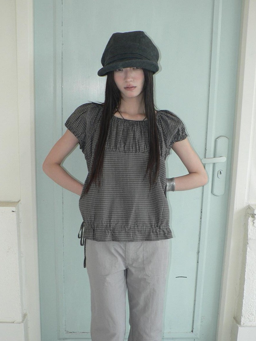 ang project Gray Vintage Plaid Puff Sleeve Cropped Round Neck Waist Cinch Women&