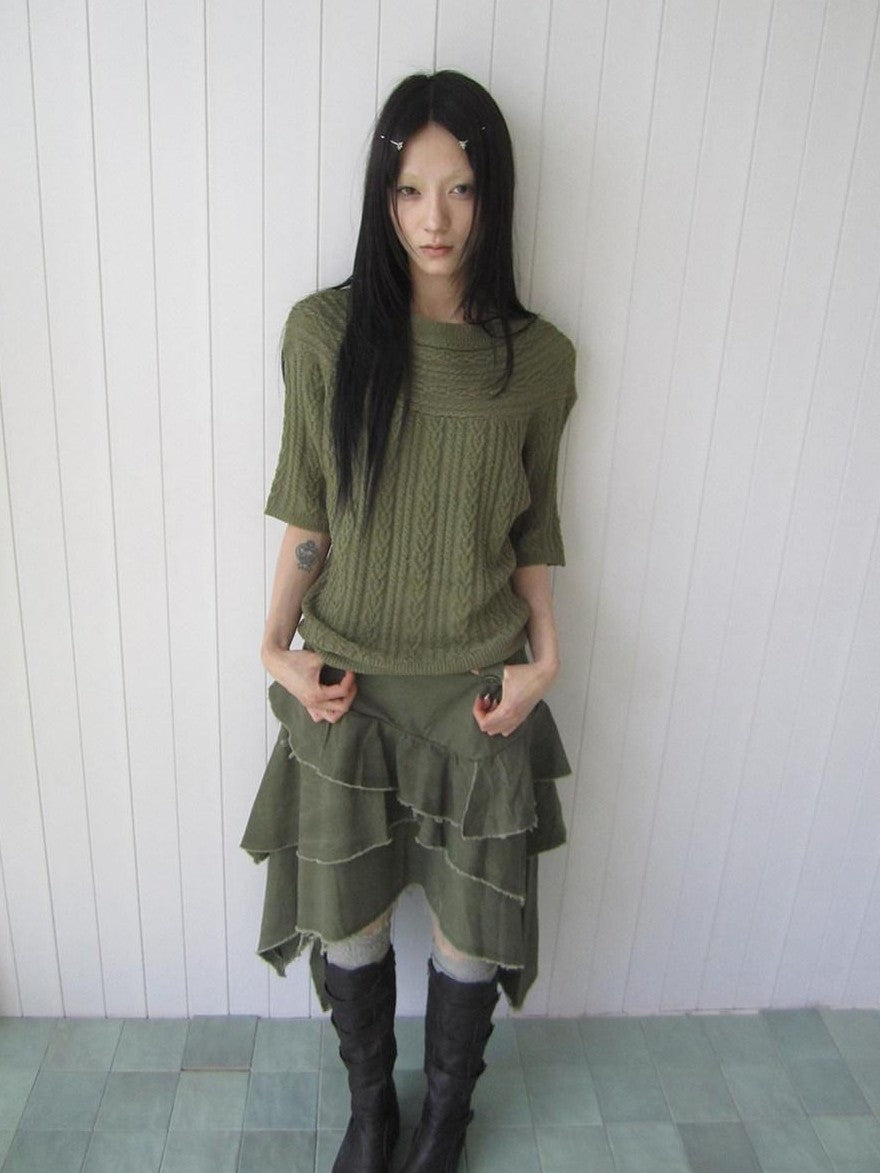 ang project Green Cable Knit Bardot Neckline Two Way Elbow Sleeve Women&