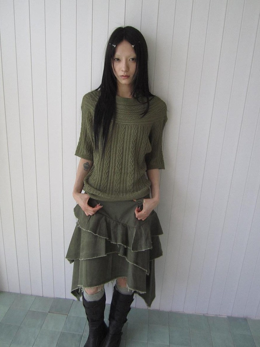 ang project Green Cable Knit Bardot Neckline Two Way Elbow Sleeve Women&