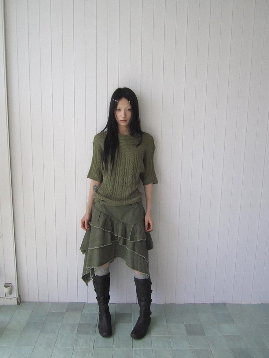 ang project Green Cable Knit Bardot Neckline Two Way Elbow Sleeve Women&