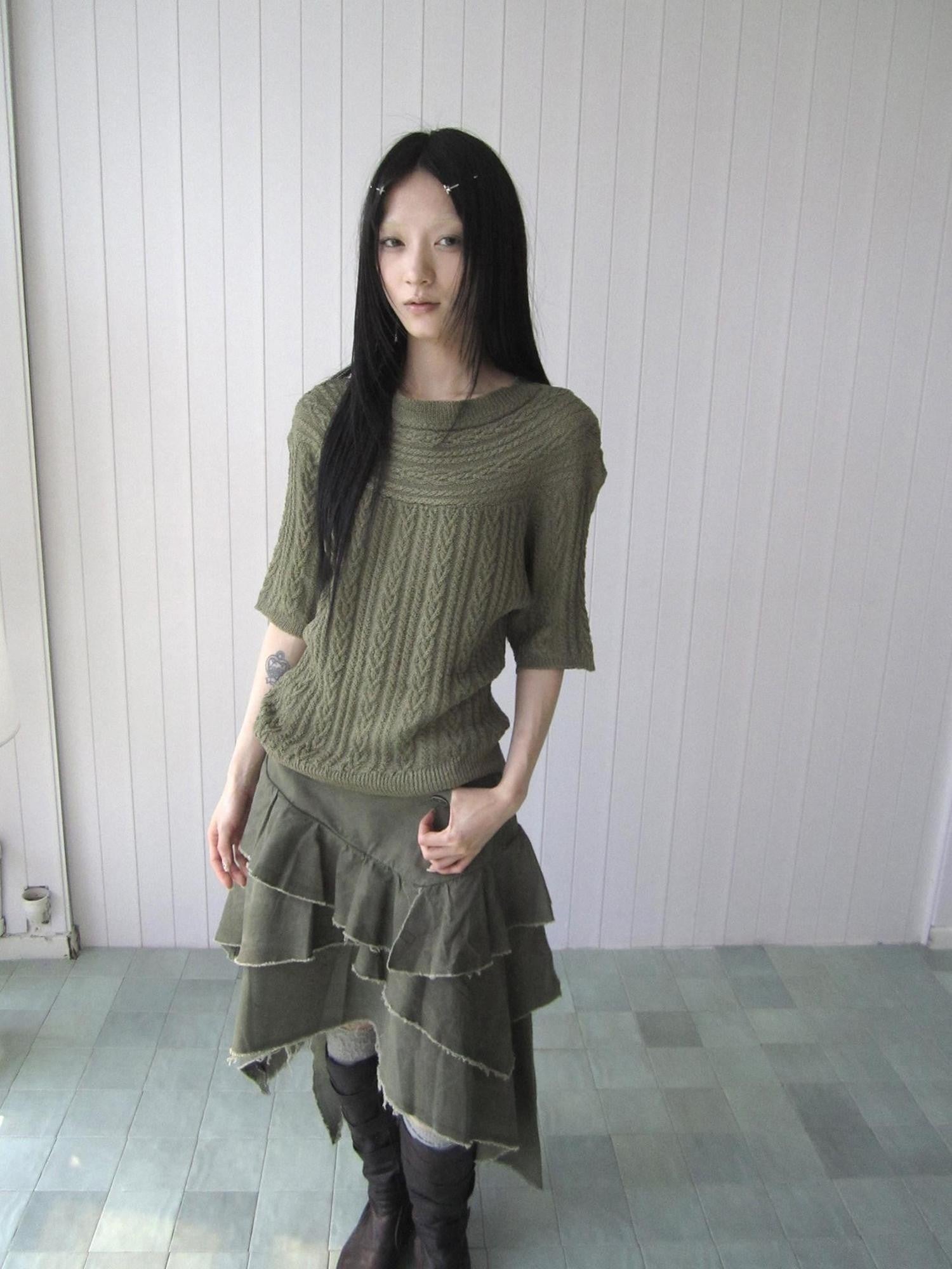 ang project Green Cable Knit Bardot Neckline Two Way Elbow Sleeve Women&