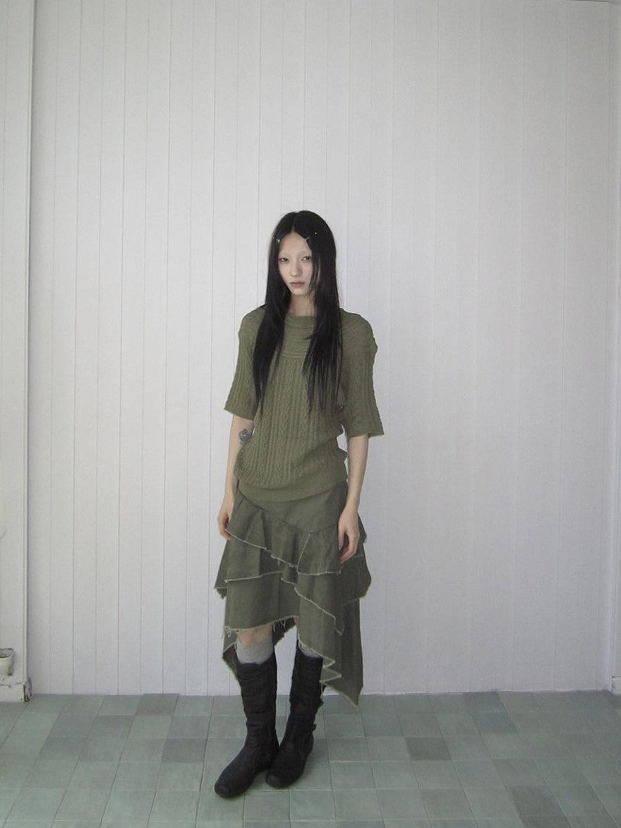 ang project Green Cable Knit Bardot Neckline Two Way Elbow Sleeve Women&