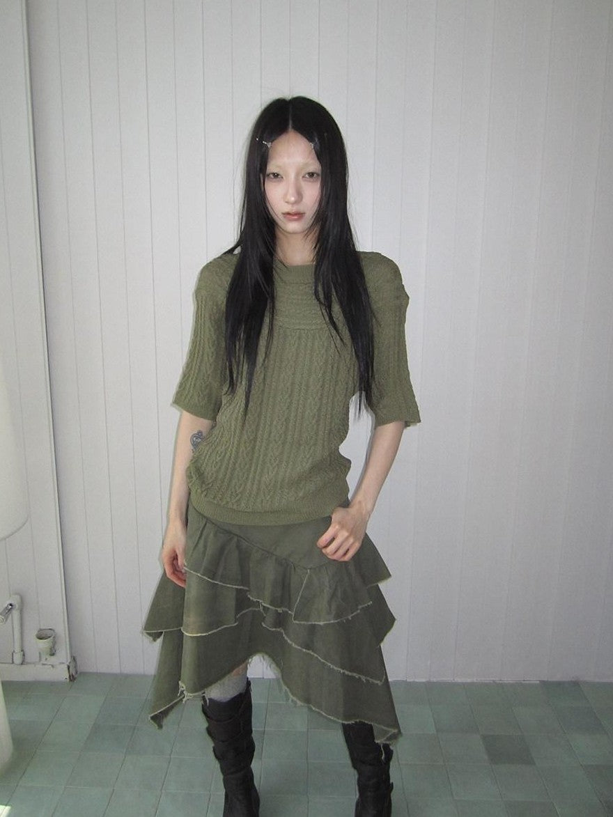 ang project Green Cable Knit Bardot Neckline Two Way Elbow Sleeve Women&