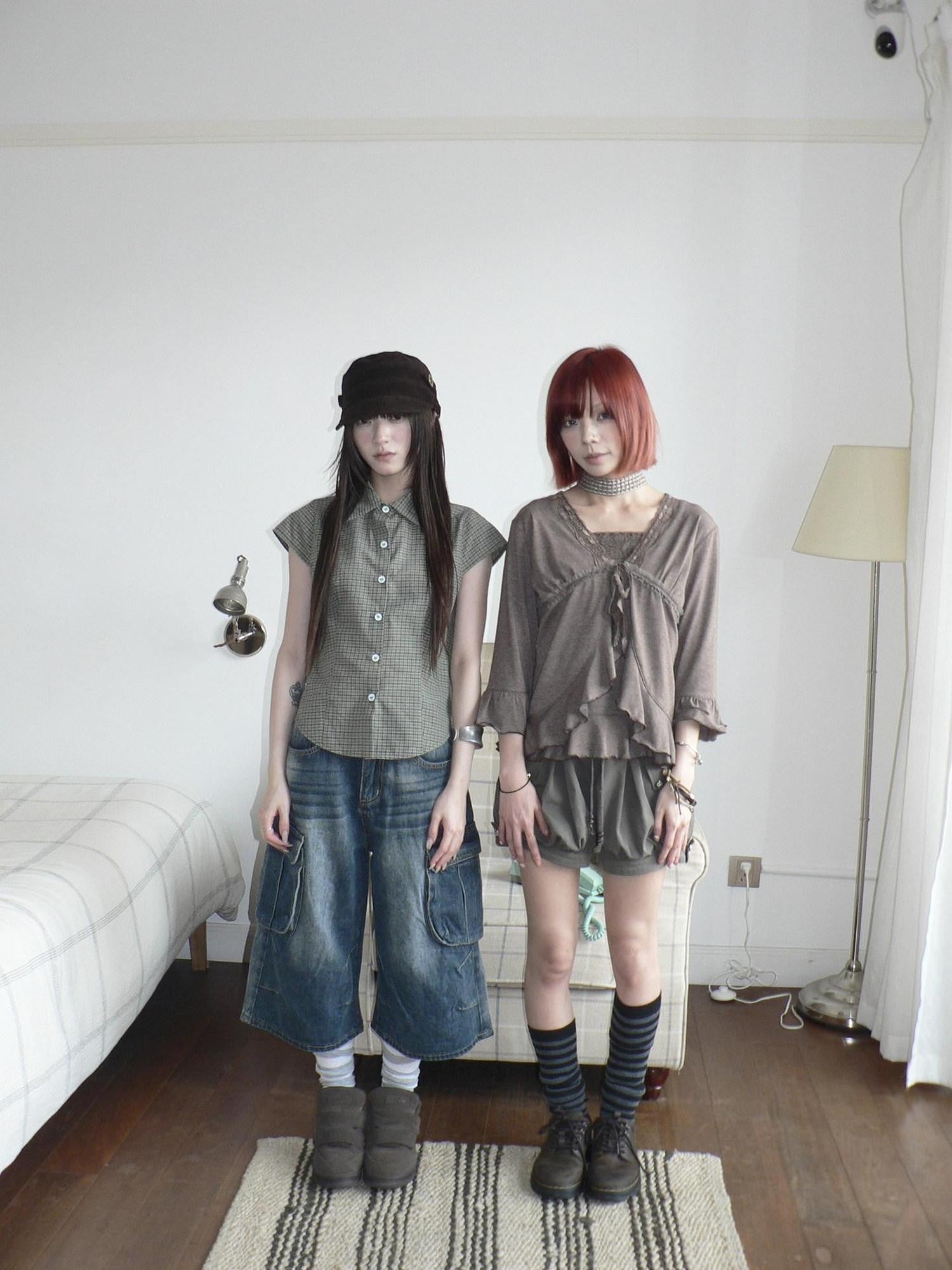 ang project Green Checked Butterfly Buckle Contrast Flutter Sleeve Women&
