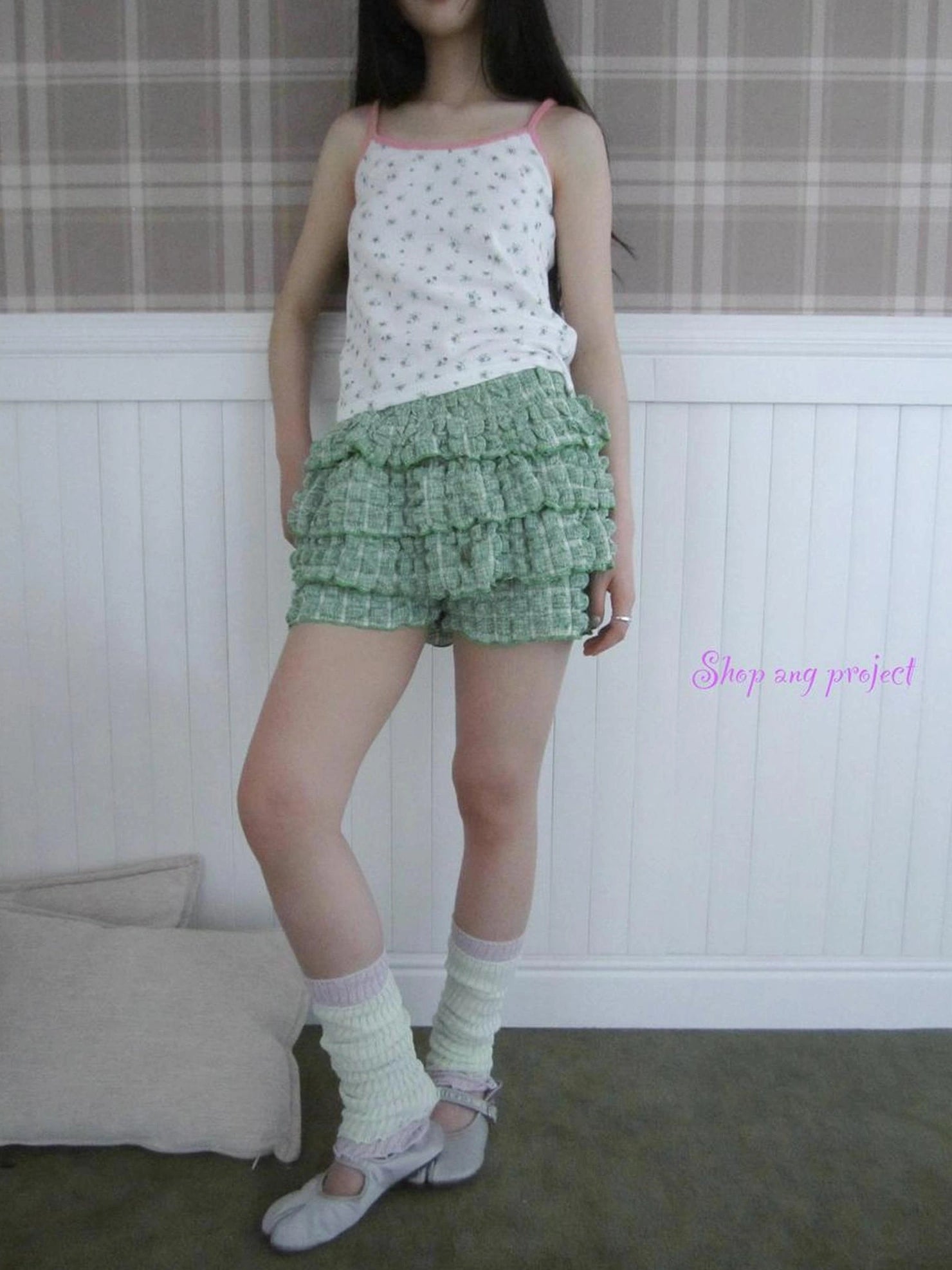ang project Green Checkered Ruffle Hem Cake Pants Skirt Skirt