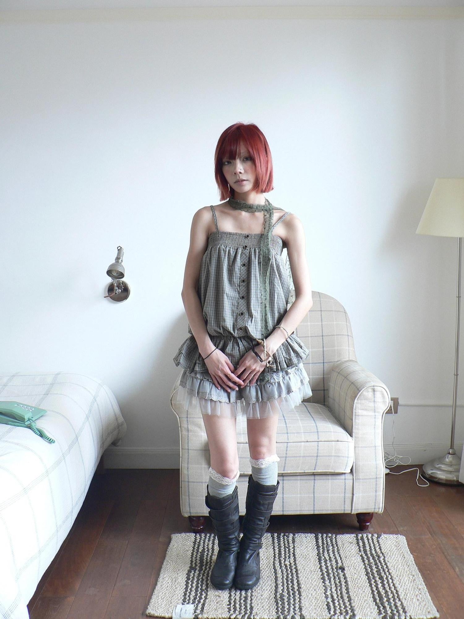 ang project Green Double Layer Lace Patchwork Button Plaid Women&