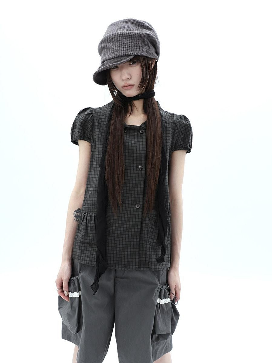 ang project Green Plaid Collared Puff Sleeve Women&