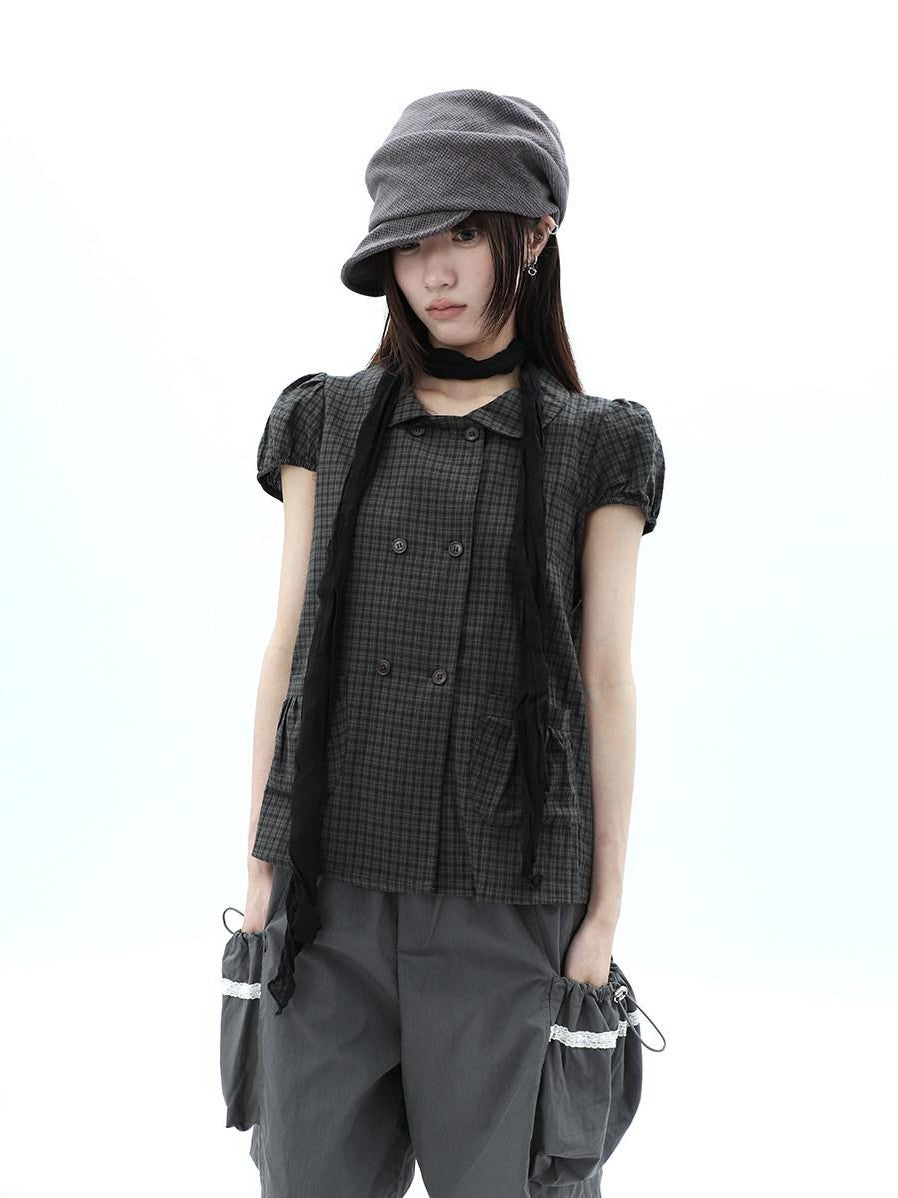 ang project Green Plaid Collared Puff Sleeve Women&