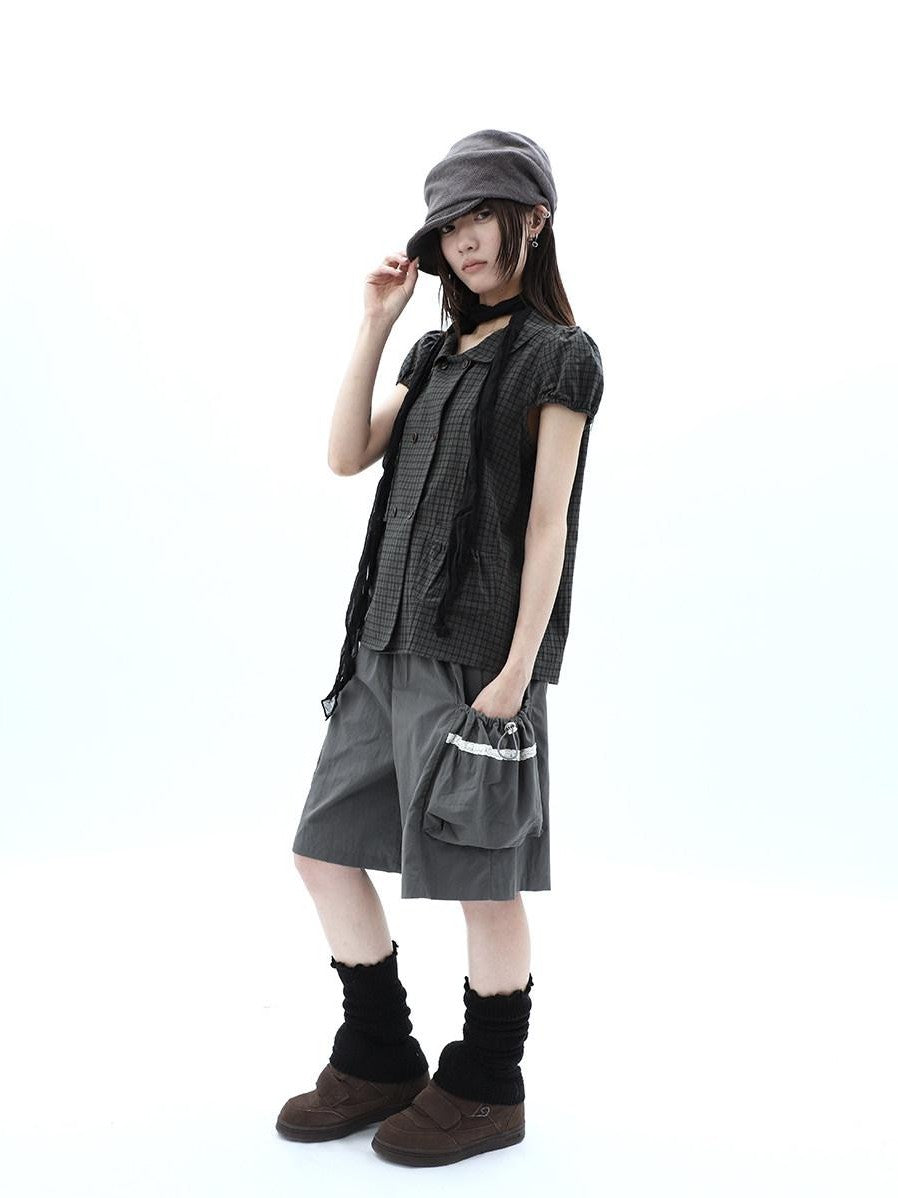 ang project Green Plaid Collared Puff Sleeve Women&