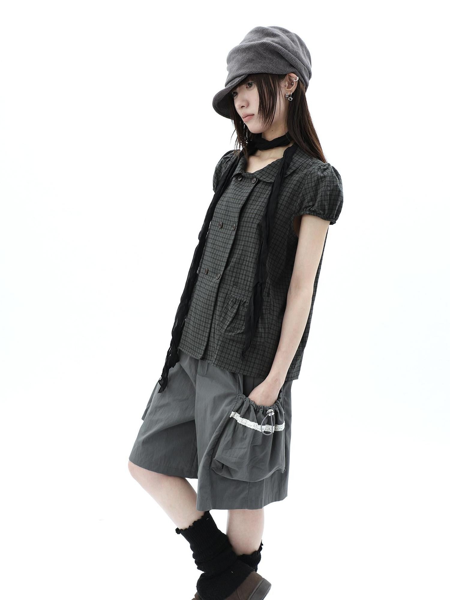 ang project Green Plaid Collared Puff Sleeve Women&