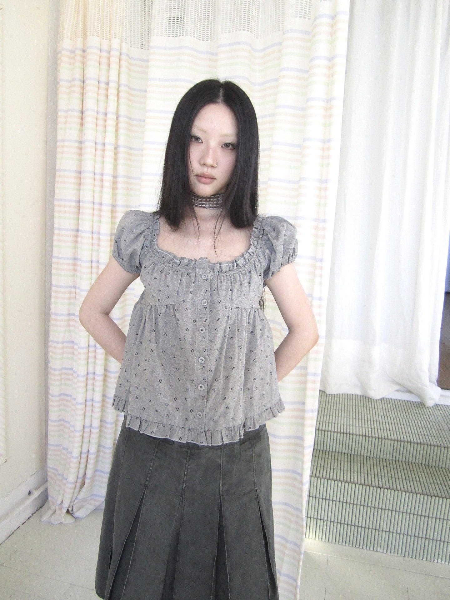 ang_project_Grey_Floral_Square_Neck_Puff_Sleeve_Ruffle_Button_Women&